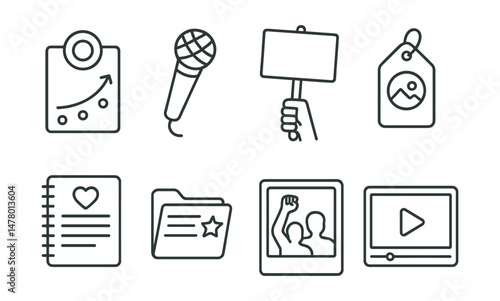 Line style icons of movement storytelling: campaign timeline badge, personal testimony mic, “why I protest” sign, campaign visuals tag, lived experience notebook, activist diary file, protest photo