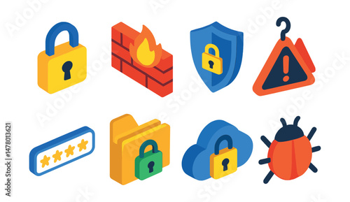 Isometric flat vector set of illustrations of cybersecurity tools: padlock, firewall, antivirus shield, phishing alert, password field, encrypted folder, secure cloud, malware icon.