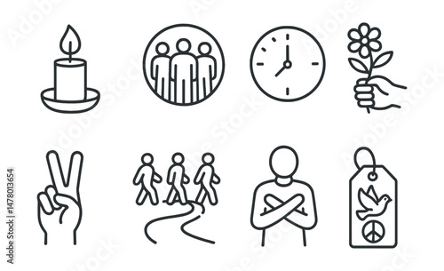 Line style icons of peaceful protest scenes: candlelight vigil icon, solidarity circle badge, moment of silence clock, symbolic flower offering, peace hand sign, nonviolent march path, silent protest