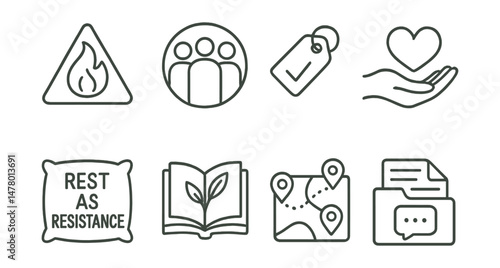 Line style icons of activist resilience: burnout warning icon, community care circle, mental health check tag, emotional support hand, rest as resistance pillow, activist healing journal, mutual aid