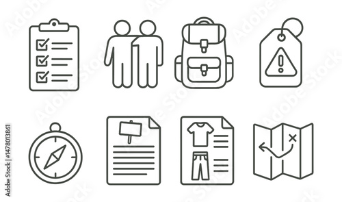 Line style icons of protest preparation: action checklist icon, protest buddy system, backpack gear pack, emergency plan tag, route recon symbol, protest briefing document, clothing guide page, safe