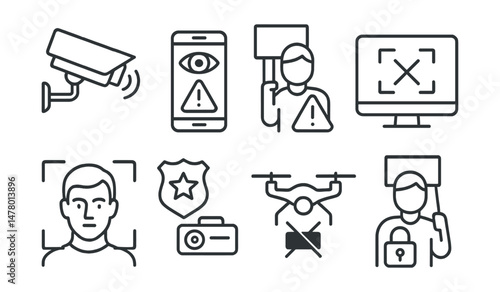 Line style icons of protest surveillance and response: camera surveillance eye, phone tracking alert, protester data warning, digital blackout icon, facial recognition frame, police camera tag, drone