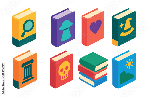 Isometric flat vector set of illustrations of book genres: mystery book, sci-fi book, romance novel, fantasy tome, historical fiction, horror cover, nonfiction stack, children’s book.