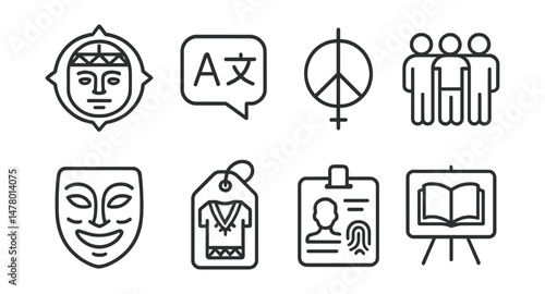 Line style icons of cultural and minority rights: indigenous heritage badge, language diversity bubble, religious freedom symbol, minority group support icon, cultural expression mask, traditional