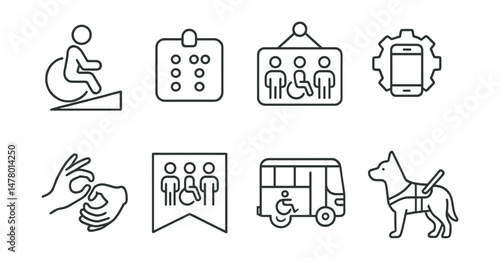 Line style icons of disability rights: accessibility ramp icon, braille label badge, inclusive classroom tag, assistive technology gear, interpreter support hand, disability inclusion banner,