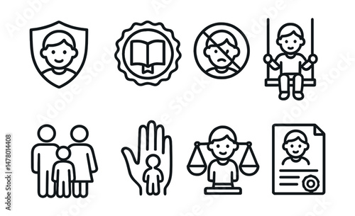 Line style icons of children’s rights: child safety icon, education access badge, no child labor tag, right to play swing, family care symbol, anti-trafficking hand, juvenile justice icon, birth