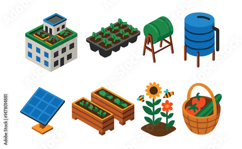 Isometric flat vector set of illustrations of urban farming: rooftop garden, seedling trays, compost barrel, water tank, solar panel, raised beds, pollinator plants, harvest basket.