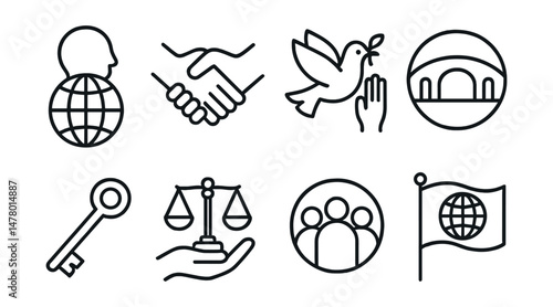 Line style icons of universal values and solidarity: human dignity globe, solidarity handshake icon, peace and rights dove, intercultural bridge badge, universal freedom key, care and justice balance