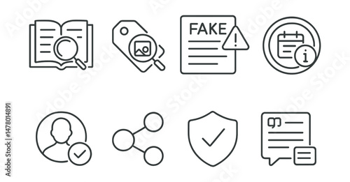 Line style icons of fact-checking skills: source check icon, reverse image search tag, fake news alert, date and context badge, author credibility bubble, evidence link chart, verified fact icon,