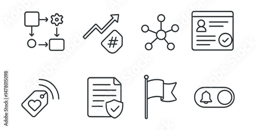 Line style icons of platform understanding: algorithm feed icon, trending tag path, viral spread chart, recommendation logic screen, engagement priority tag, platform policy file, content report flag