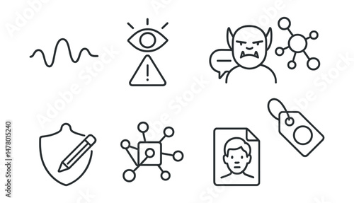 Line style icons of misinfo and disinfo: misinfo wave icon, conspiracy theory alert, troll account symbol, bot network badge, filter bubble tag, fake expert icon, misleading edit badge, deepfake file
