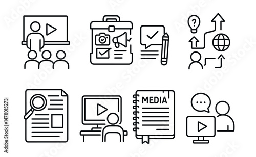 Line style icons of media literacy education: classroom media toolkit, media critique checklist, youth fact-check journal, critical thinking steps, guided analysis form, student media lab, media