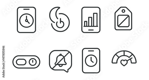 Line style icons of screen time and device limits: screen time tracker icon, bedtime shutdown badge, app usage chart, device-free zone tag, scheduled screen off toggle, notification mute bubble,