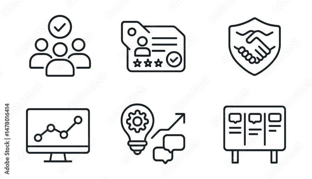 Fototapeta premium Line style icons of community-powered oversight: community vote icon, platform survey tag, user review feedback file, co-governance badge, platform co-creation chart, “suggest improvement” icon,