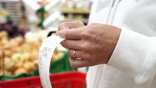 Woman with receipt from purchases in supermarket