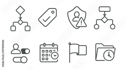 Line style icons of open moderation processes: transparent mod flow icon, mod decision tag, user-reported content badge, rules-based system chart, human in the loop toggle, appeals calendar, feedback