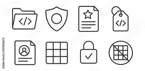 Line style icons of open-source and ethical design: open code folder icon, transparency by design badge, peer-reviewed icon, code license tag, community contributor file, ethical UX grid, digital