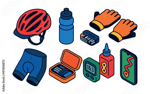 Isometric flat vector set of illustrations of cycling essentials: helmet, water bottle, gloves, padded shorts, repair kit, cycling computer, chain oil, route tracker.