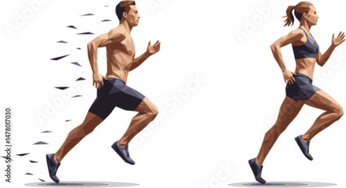 Run, running people - man and woman, low poly isolated vector sports illustration, side view. Track and field athletes
