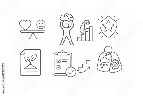 Line style icons of balance and mental fitness: emotional balance scale, resilience training icon, mental strength chart, confidence boost badge, growth mindset file, self-check quiz icon, worry vs