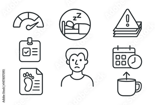 Line style icons of burnout prevention: energy meter icon, rest time badge, work overload alert, task boundary card, emotional fatigue tag, schedule breathing room, recovery steps file, resilience