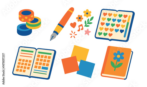 Isometric flat vector set of illustrations of creative journaling: washi tape, fountain pen, colored pencils, doodle icons, mood tracker, calendar spread, sticky notes, journal cover.