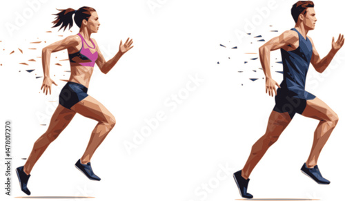 Run, running people - man and woman, low poly isolated vector sports illustration, side view. Track and field athletes
