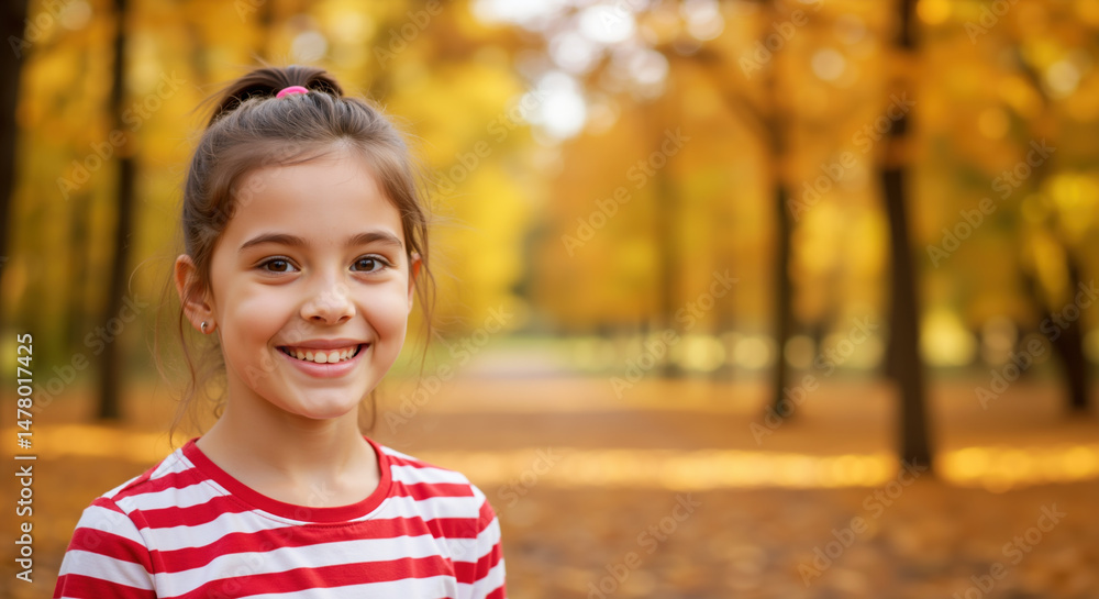 Smiling girl in red and white striped shirt against golden autumn park background with yellow trees. Fall season portrait for outdoor family activities and thanksgiving celebrations Smiling girl in red and white striped shirt against golden autumn park background with yellow trees. Fall season portrait for outdoor family activities and thanksgiving celebrations