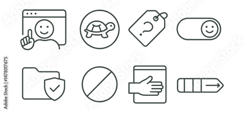 Line style icons of gentle onboarding: tutorial with kindness icon, “start slowly” badge, guided help option tag, beginner support toggle, “explore safely” file, skip intro allowed symbol, welcoming