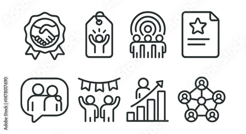 Line style icons of community instead of competition: support-first badge, peer encouragement tag, collective goal icon, non-ranked achievement file, friend boost bubble, celebrate together banner,