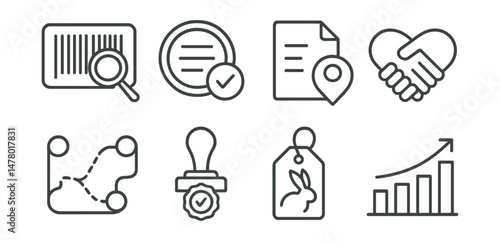 Line style icons of product transparency: label decoder icon, ingredient list badge, traceable origin file, fair trade symbol, supply chain map, certification stamp icon, animal-free tag,