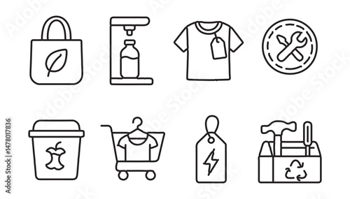Line style icons of eco-conscious habits: reusable bag icon, refill station bottle, second-hand shirt tag, repair instead of replace badge, compost bin symbol, thrift store cart, energy-aware product