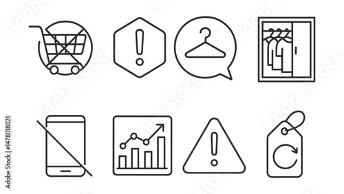Line style icons of anti-overconsumption: no impulse buy sign, overconsumption alert badge, do I need this? bubble, full closet reminder, not another gadget file, overbuy tracker chart, excess alert