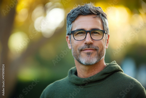 Outdoor portrait of 50 - 55 year old man wearing green pullover and eyeglasses