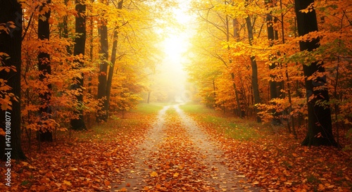 黄金色に輝く秋葉道 柔らかな光が差し込む森. AI Generated