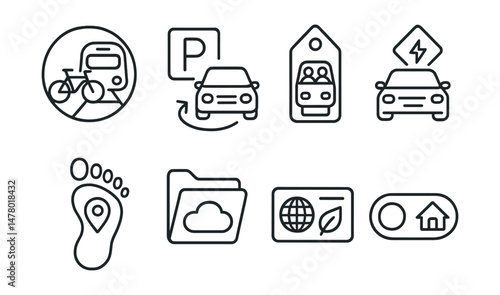 Line style icons of climate-friendly commuting: bike + train combo badge, park and ride icon, carpool tag, commuter lane for EV, foot commute tracker, clean air commute file, eco travel card,