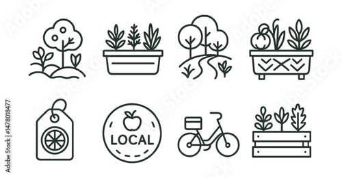 Line style icons of urban food sustainability: edible landscaping icon, balcony herbs box, food forest path, compost-supported garden, seasonal menu tag, local food coop badge, green delivery bike,