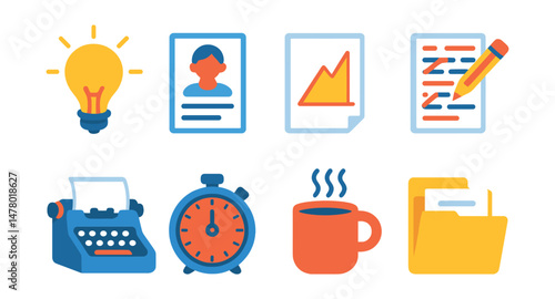 Isometric flat vector set of illustrations of creative writing process: idea lightbulb, character sheet, plot diagram, editing notes, typewriter, writing timer, coffee mug, manuscript folder.