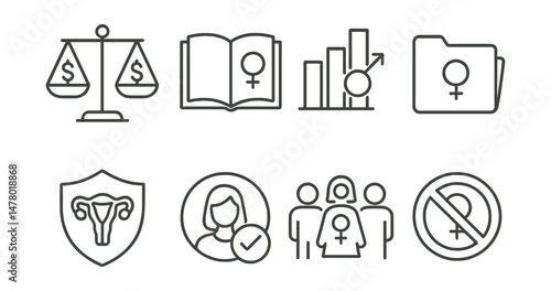 Line style icons of women’s rights: equal pay scale, education for girls book, gender equality chart, maternity rights folder, reproductive freedom badge, safety for women symbol, equal
