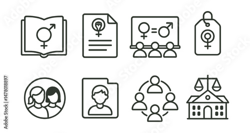 Line style icons of feminist education: gender studies book icon, feminist theory paper, classroom equity board, workshop flyer tag, mentorship for girls badge, youth education file, peer learning