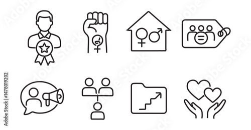 Line style icons of allyship and solidarity: male ally badge, support feminism hand, gender-equal household icon, team up for equity tag, listen + amplify bubble, co-leadership chart, allyship steps