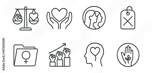 Line style icons of feminist values: justice + care balance, compassion first icon, collective voice badge, intersectional equity tag, personal is political file, liberation together chart, inclusion