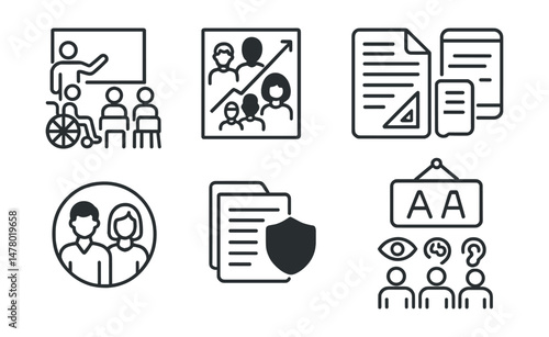 Line style icons of inclusive education: accessible classroom icon, student diversity chart, inclusive learning materials, co-teaching model badge, no bias curriculum file, multilingual board tag,