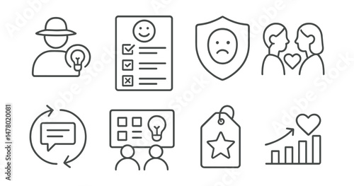 Line style icons of inclusive feedback: anonymous suggestion icon, inclusive survey file, no judgment form badge, peer review with care, open feedback loop chart, collective learning board, review