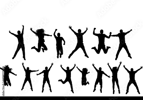 Silhouette Figures Jumping Up and Down Expressing Joy and Freedom in Various Poses Creating a Dynamic Sense of Energy and Unrestrained Enthusiasm Across the Group