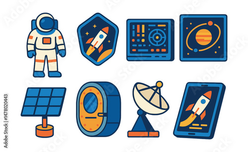 Isometric flat vector set of illustrations of space mission tools: space suit, mission patch, control console, orbital map, solar module, airlock, communication antenna, onboard tablet.