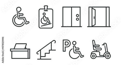 Line style icons of mobility access: wheelchair icon, ramp access badge, elevator with buttons, wide doorway symbol, low counter tag, handrail staircase icon, accessible parking space, mobility