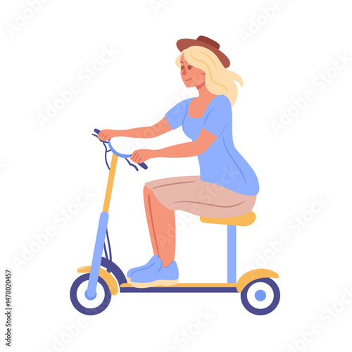 A stylish blonde woman wearing a hat sits comfortably on a scooter, exuding a sense of fun and relaxation. Her chic outfit and laid-back posture create an inviting, carefree vibe perfect for outdoor