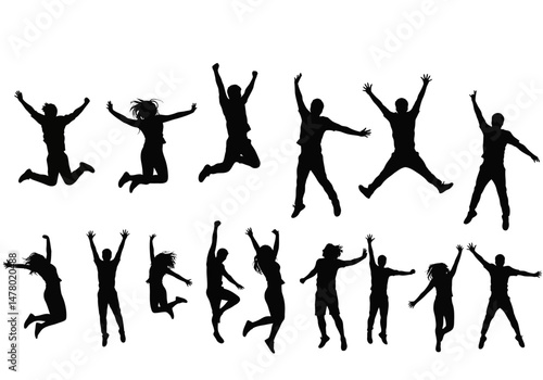 Silhouette Figures Jumping Up and Down Expressing Joy and Freedom in Various Poses Creating a Dynamic Sense of Energy and Unrestrained Enthusiasm Across the Group	