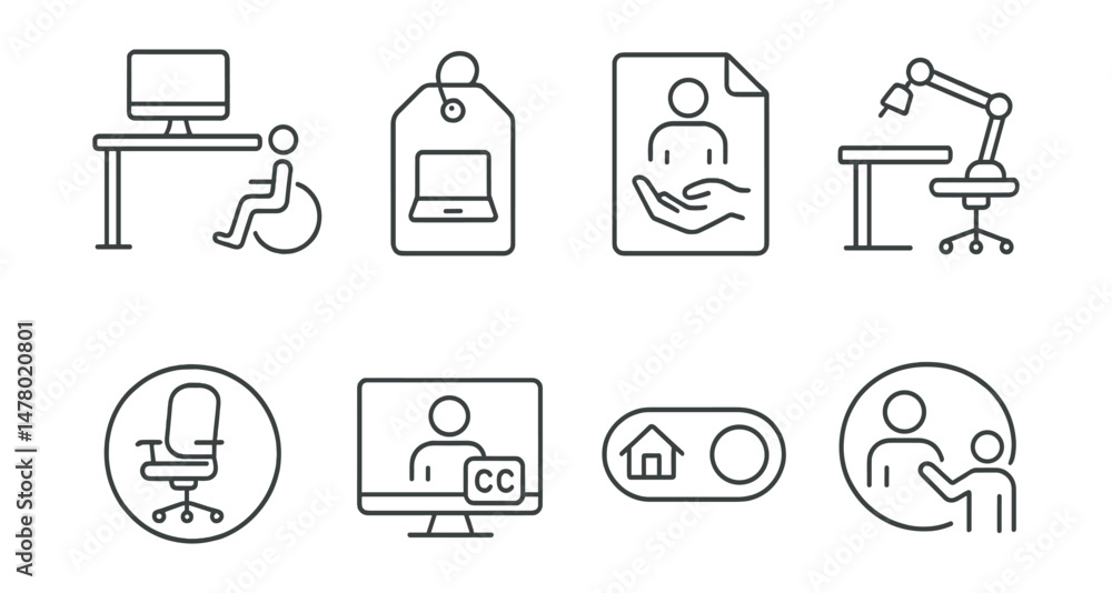 Line style icons of workplace accessibility: accessible workstation icon, remote-friendly job tag, disability inclusion file, assistive device at desk, ergonomic chair badge, captioned video call Line style icons of workplace accessibility: accessible workstation icon, remote-friendly job tag, disability inclusion file, assistive device at desk, ergonomic chair badge, captioned video call